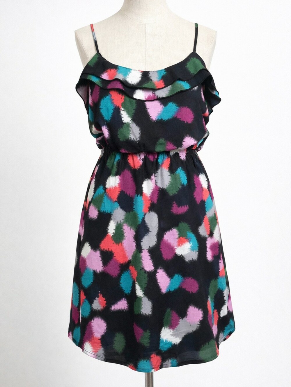 ROXY Black Abstract Print Sundress Colorful 80s Vibe Ruffle Summer Dress MEDIUM